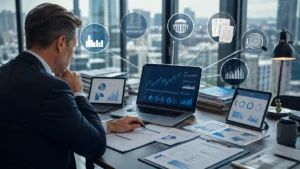 Business executive verifying multiple financial and economic information sources before making a strategic decision