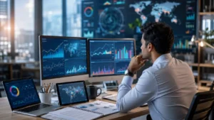 Business researcher examining Asian economic, financial and technology trends represented as an editorial market theme