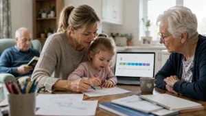Family caring for a young child at home, representing National Insurance credits for parents and carers