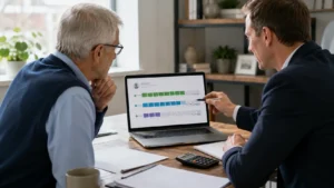 Older adult and adviser reviewing National Insurance qualifying years and gaps on a laptop