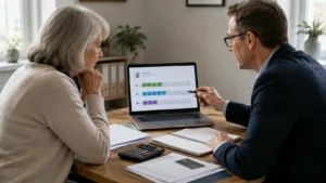Older adult discussing National Insurance record gaps and voluntary contributions with a financial adviser