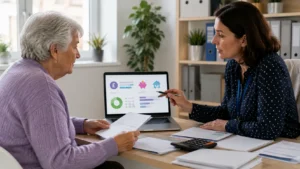 Older adult discussing income, savings and potential financial support with a benefits adviser