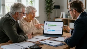 Older couple reviewing their individual National Insurance records with a pension adviser