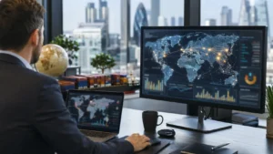 UK business professional analysing how Asian market trends could affect supply chains, technology, trade and competition