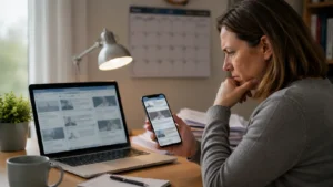 UK claimant comparing old and reshared benefit information across a laptop and smartphone