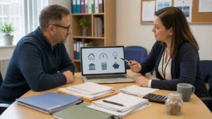 Universal Credit claimant discussing different financial support options with a benefits adviser