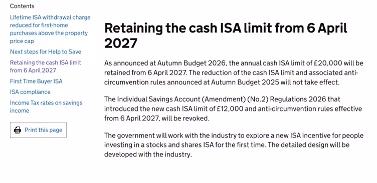 £20,000 Cash ISA Limit Retained From April 2027£20,000 Cash ISA Limit Retained From April 2027