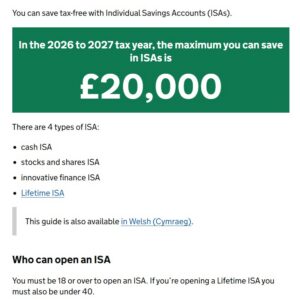 GOV.UK's official ISA confirming the £20,000 allowance