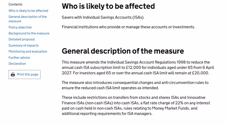 HMRC's official explanation of the new £12,000 annual Cash ISA limit for under-65s from 6 April 2027