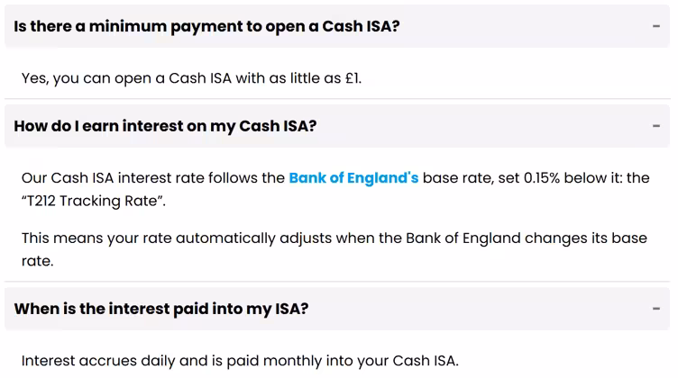 Trading 212's official Cash ISA account information showing the interest-rate tracking policy