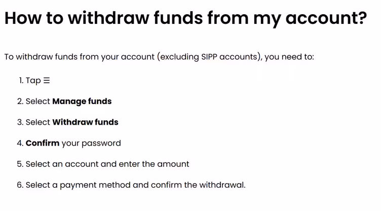 Trading 212's official withdrawal instructions confirming the steps required to request a withdrawal and the possible processing period of up to three business days.