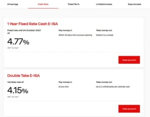 Virgin Money's savings range showing the current 4.77% fixed Cash ISA
